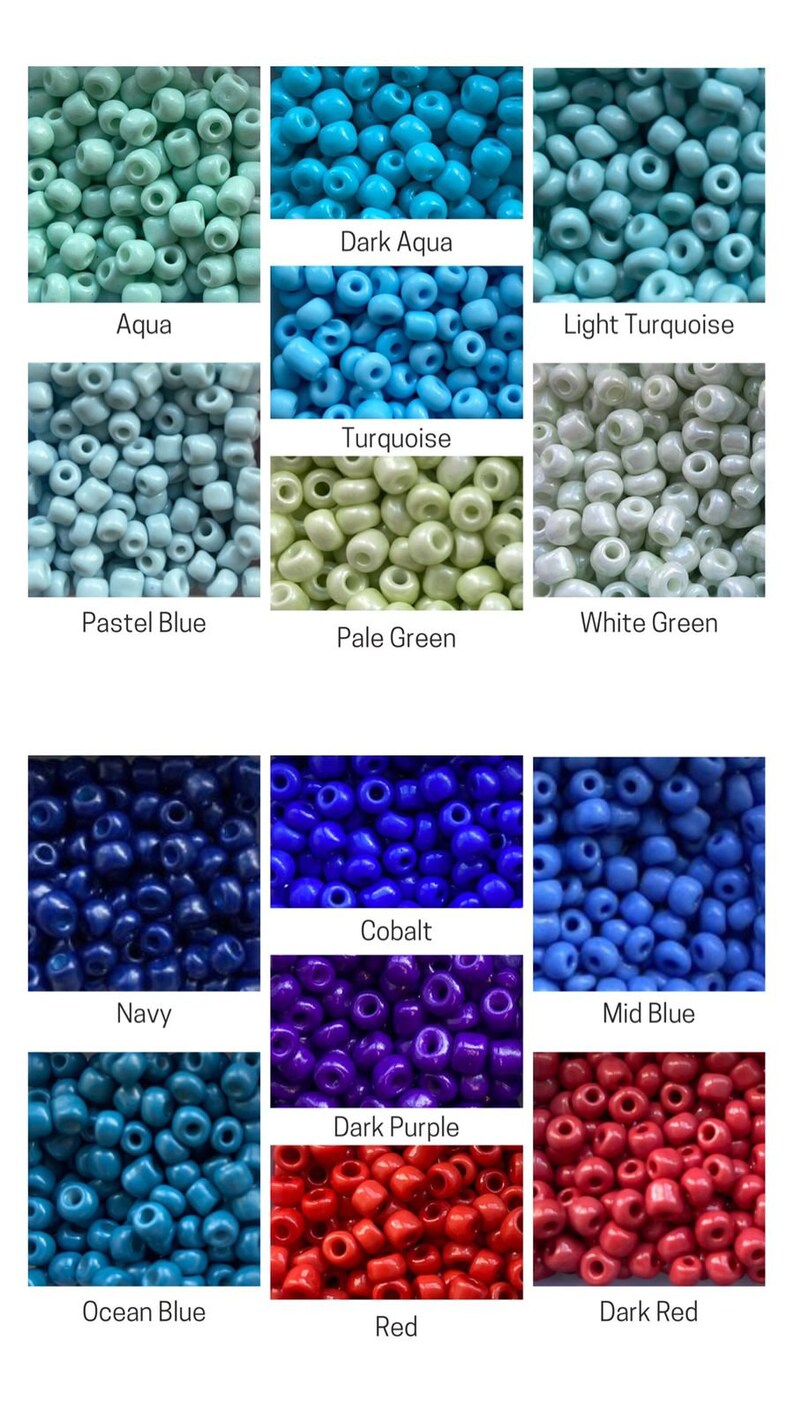 May include: A collection of 15 different colors of seed beads, including aqua, dark aqua, light turquoise, turquoise, pastel blue, white green, pale green, cobalt, navy, mid blue, dark purple, ocean blue, red, and dark red.