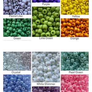 May include: Assortment of seed beads in various colors, including fuchsia, pastel lilac, purple, lilac, yellow, green, lime green, orange, crystal, pearl blue, white shimmer, pearl green, pearl pink, grey pearl, pearl purple, and sweetie mix.