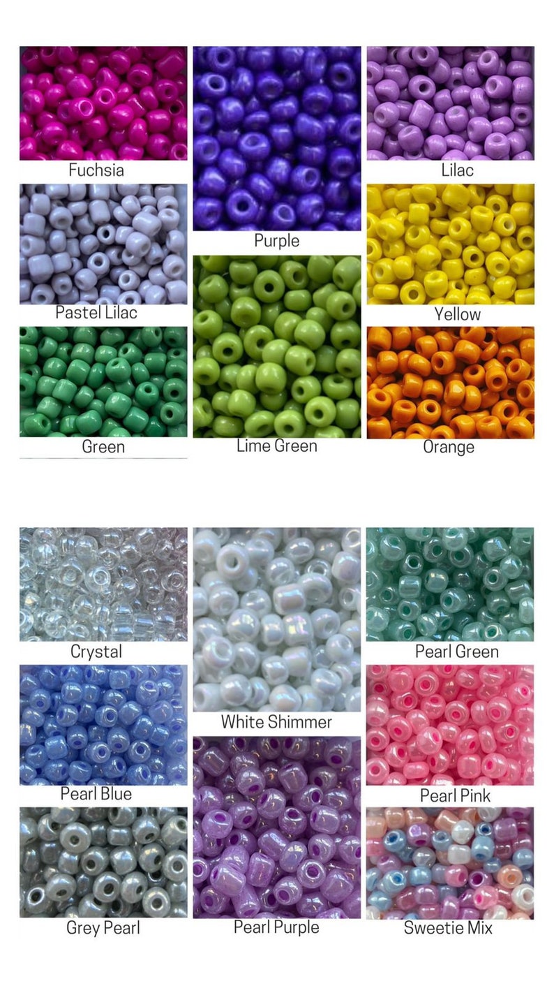 May include: Assortment of seed beads in various colors, including fuchsia, pastel lilac, purple, lilac, yellow, green, lime green, orange, crystal, pearl blue, white shimmer, pearl green, pearl pink, grey pearl, pearl purple, and sweetie mix.
