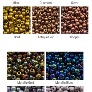 May include: Assortment of seed beads in various metallic colors, including black, gunmetal, silver, gold, antique gold, copper, metallic gold, metallic blues, metallic rainbow, and soft light grey.