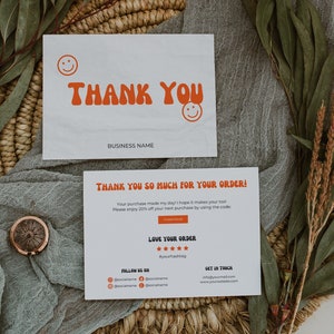 Retro Smiley Business Thank You Card Template, Editable Small Business 90s Y2k Package Insert Printable Pastel Thanks For Your Purchase Card