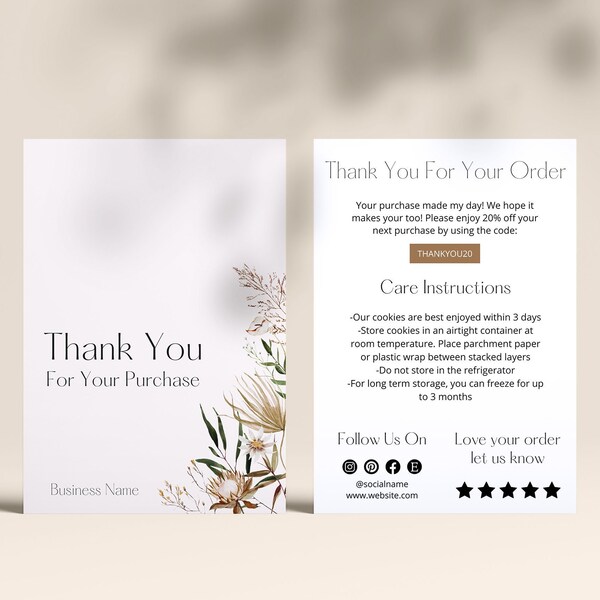 Boho Cookie Care Card Template, Cookie Business Floral Thank You Card Insert, Printable Thanks For Your Purchase Card, Package Insert, F1
