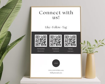 Social Media QR Code Sign Template, Instagram Sign, Facebook Sign, Follow Us On Sign, Follow Like Tag, Small Business Sign, Editable, Canva