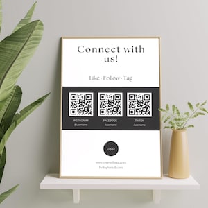Plantilla de signo de código QR de redes sociales, signo de Instagram, signo de Facebook, síguenos en el signo, etiqueta de seguimiento, signo de pequeña empresa, editable, Canva