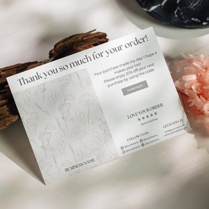 DIY ボヘミアンサンキューカードテンプレート、ボタニカルサンキューパッケージインサートモダンミニマリスト編集可能なご購入への感謝カードCanvaテンプレート