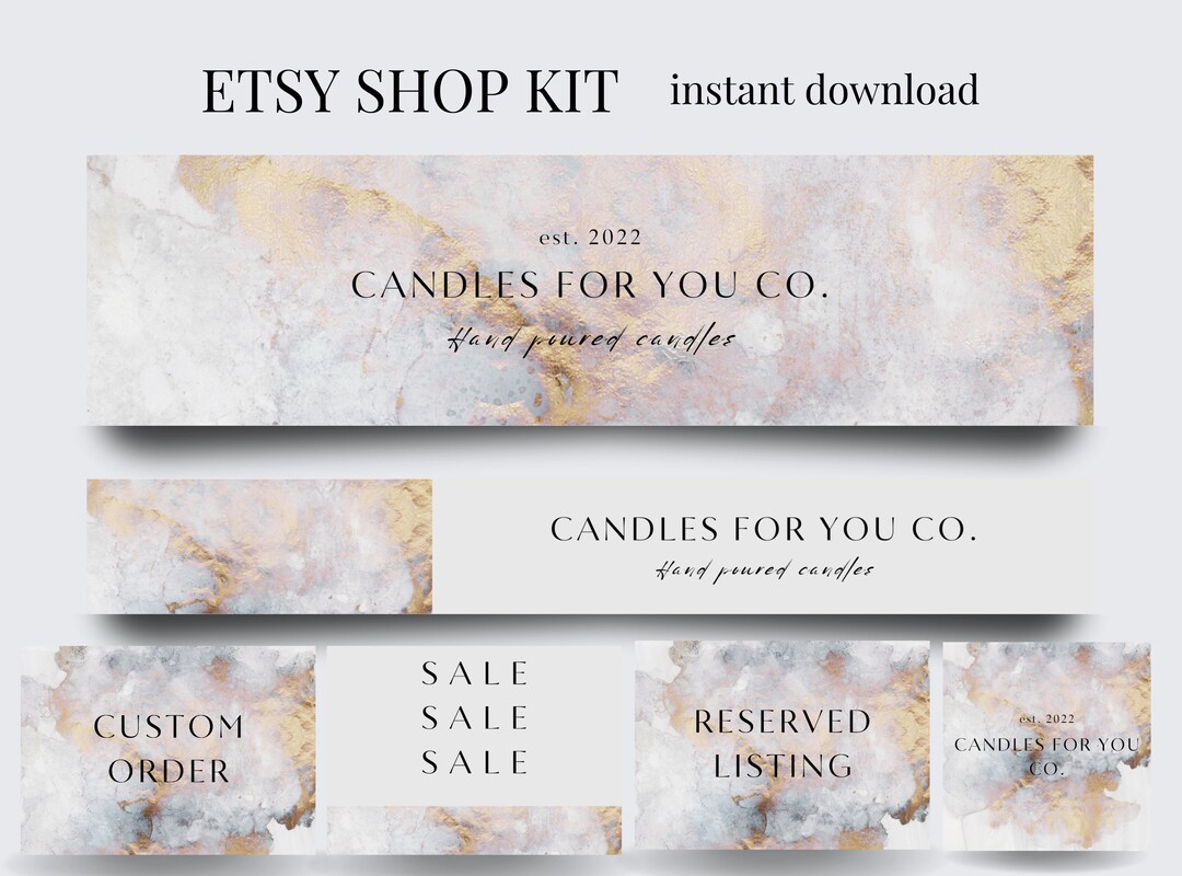 Modern Etsy Shop Graphic Bundle Kit, Marble Etsy Shop Banner Template, DIY Etsy Store Branding