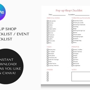 Pop-Up Shop Checklist, Small Business Checklist, Small Biz Planner, Vendor Booth Event Planner, Craft Show Checklist, Flea Market Checklist