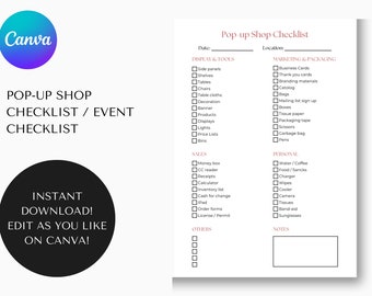 Pop-Up Shop Checklist, Small Business Checklist, Small Biz Planner, Vendor Booth Event Planner, Craft Show Checklist, Flea Market Checklist