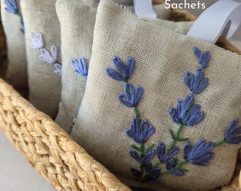 Lavender Sachets - Hand Harvested & Hand Embroidered on Linen - Natural Air Freshener
