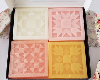 Quilt Block Soap - Spring 2024  Sampler | Vanilla, Rose, Peach, Citrus  scent |  5.25 oz. net. weight - Perfect Gift for Quilter