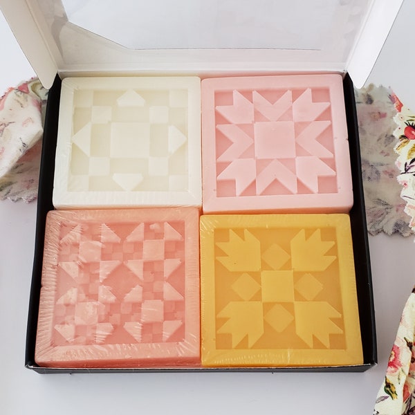 Quilt Block Soap - Spring 2024  Sampler | Vanilla, Rose, Peach, Citrus  scent |  5.25 oz. net. weight - Perfect Gift for Quilter