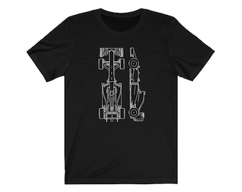 May include: A black t-shirt with a white outline of a race car viewed from above and from the side.