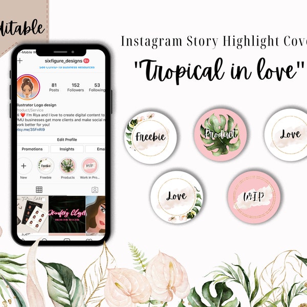 Editable "Tropical in Love" Instagram story highlight cover, Tropical and Pink highlight cover, Greenery design, Feminine Highlight cover