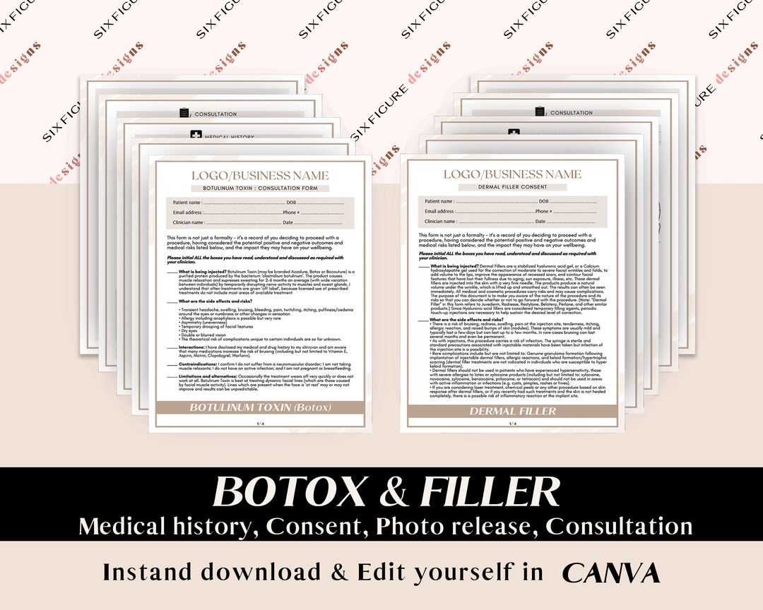 Botox and dermal filler consent form bundle medical history form