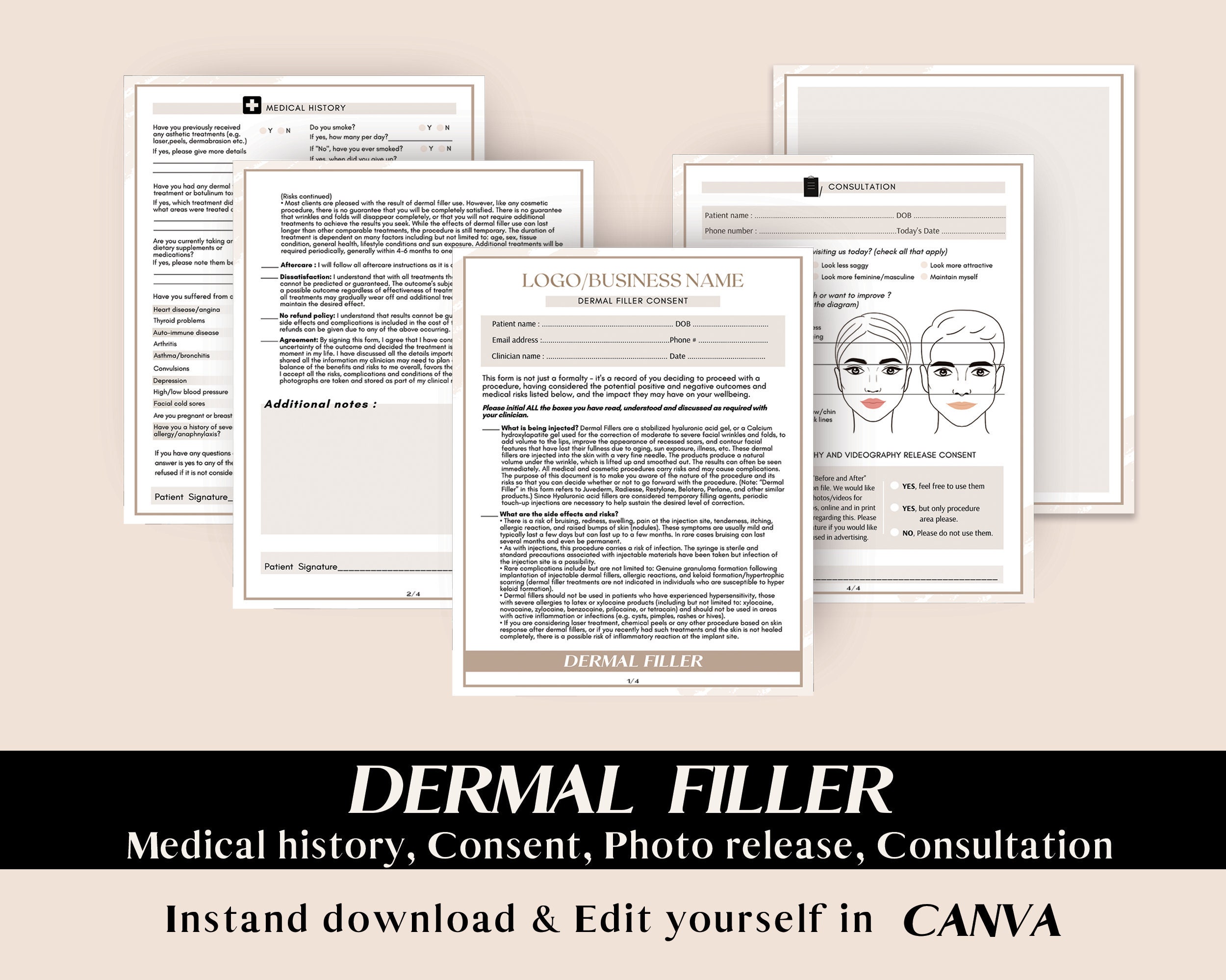 Dermal Filler treatment Consent form Medical history Neutral | Etsy