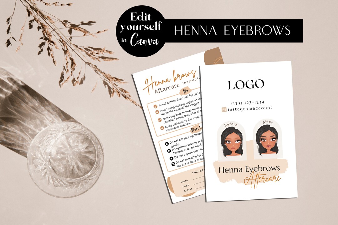 Eyebrows Henna Aftercare Card, 4x6 Henna Instructions Card, Canva Aftercare Template, Editable