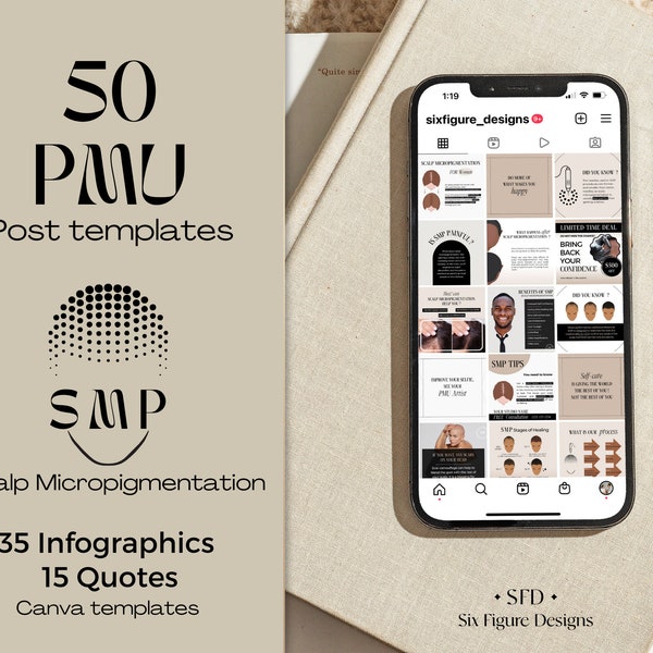 SMP Instagram post templates, Scalp Micropigmentation IG, InfoGraphic Editable IG post templates, 50 posts (35 infographic/15 quotes).