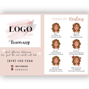 Editable PMU Aftercare Cards (Rosemary) with original hand drawn pictures, Canva PMU aftercare template, Microblading Aftercare, Hand Drawn