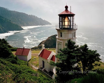 May include: A white lighthouse with a red roof stands on a cliff overlooking the ocean. The lighthouse has a large glass lantern on top, and the light is shining brightly. There are two smaller white buildings with red roofs in the foreground, and a green hillside in the background. The text "Copyright Erskine Wood" is visible in the bottom right corner of the image.