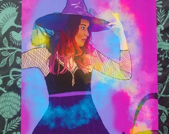 Art Print - Cute Witch Grunge Goth Rock Cauldron and Magic Smoke Fishnets Witch Hat Pentagram 11" x 17" - Heavy Card Stock Pink Purple Black