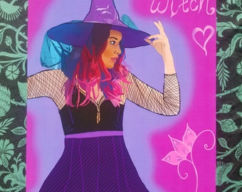 Art Print - Cute Wild Heart Witch - Grunge Goth Rock Pink Fem Witch Hat Flower Girly Doodles Hearts 11" x 17" - Heavy Card Stock Pink Purple