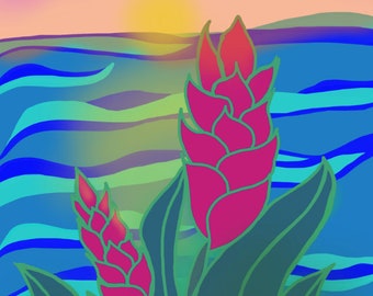 Art Print - Hawaiian Ginger - Sunset - Sunrise - Ocean - Vapor Wave Colors - 11" x 17" - Heavy Card Stock - Beach Vibes - Pinks Blues Happy