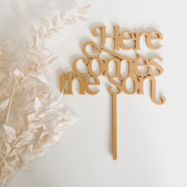"Here Comes The Son" Boho Sun & Daisy Cake Topper Set | 42-Piece Baby Shower Decor In Orange & Blue