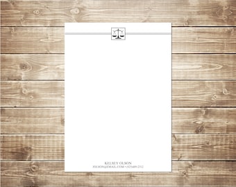 May include: A white letterhead with a black scale of justice icon and a black line above it. The text at the bottom reads "Kelsey Olson, kolson@email.com, (925)489-2312".