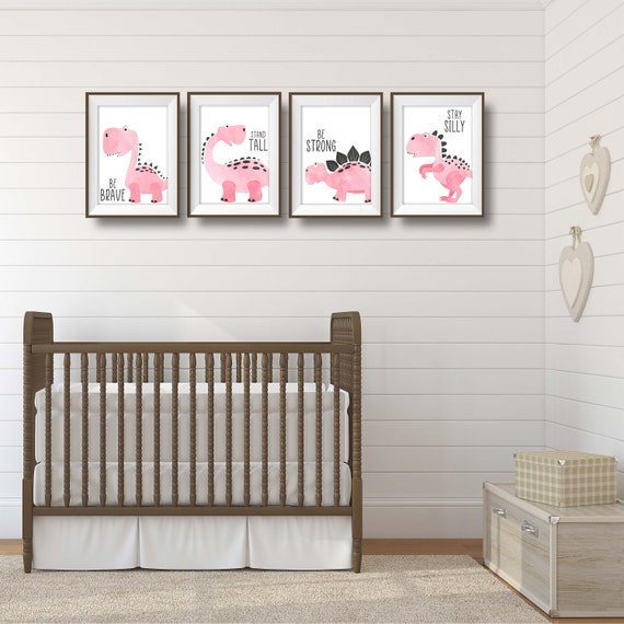 Set of 4 Pink Dinosaur Nursery Prints Baby Room Posters Etsy