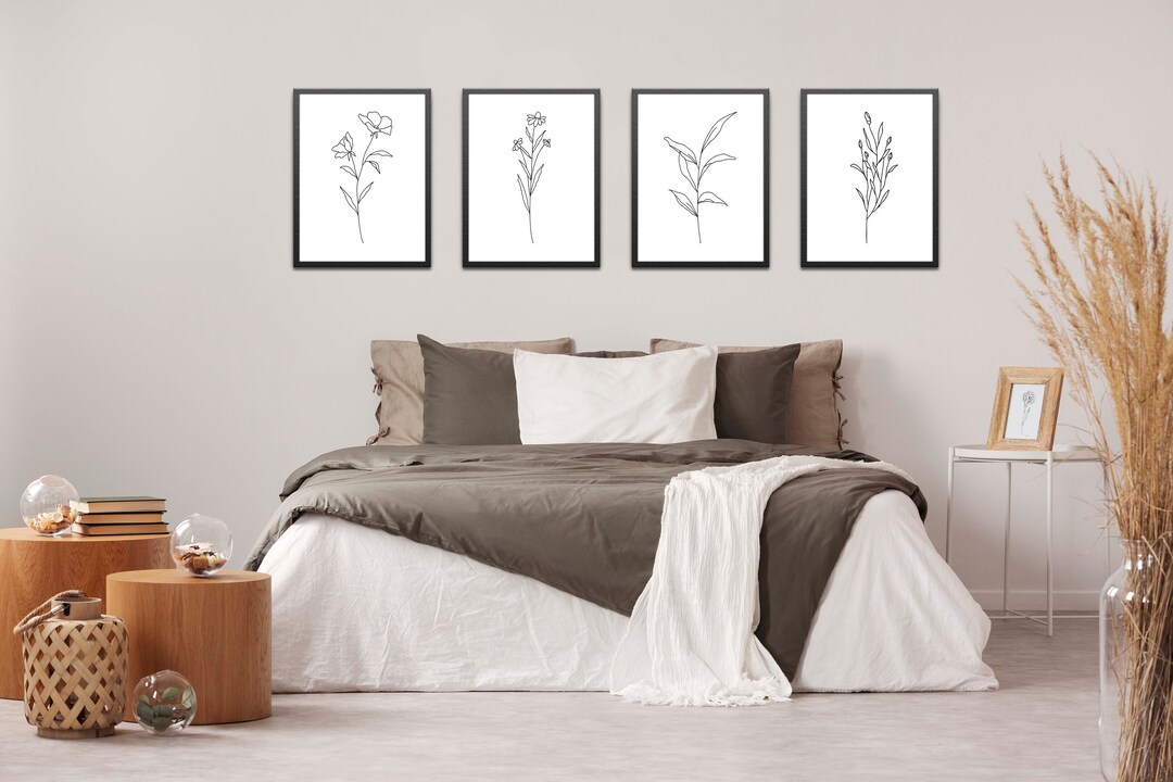 Minimalist Floral Wall Decor Set of 4 Bedroom or Bathroom Etsy
