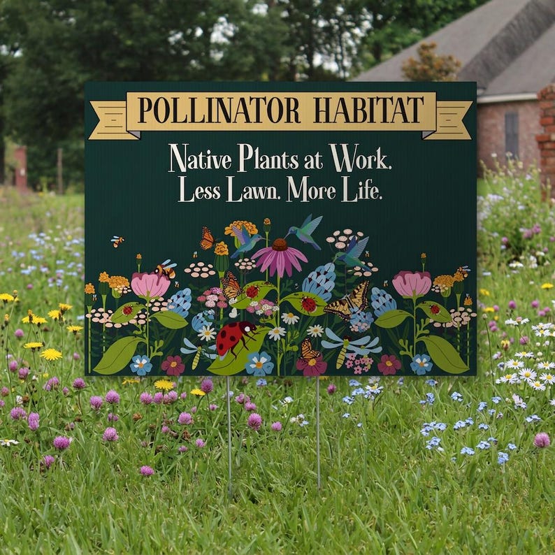 May include: A rectangular dark green garden sign featuring the text POLLINATOR HABITAT, Native Plants at Work. Less Lawn. More Life. The design includes a detailed illustration of assorted flowers, butterflies, ladybirds and hummingbirds.