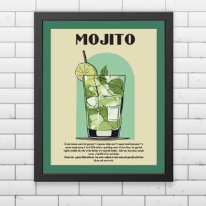 Impresión artística de mojito con receta • Decoración de carrito de bar • Letrero de bebida exclusiva • Póster de cóctel mojito retro • Arte de pared de bar • Descarga digital