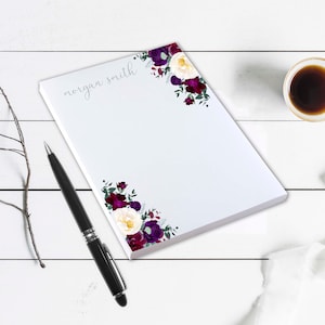 Personalized Floral Notepad: Purple Roses, Custom Stationery Gift