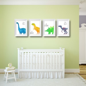 Set of 4 Dinosaur Nursery Prints | Baby Room Posters | Watercolor Prints | Nursery Decor | Boy Room