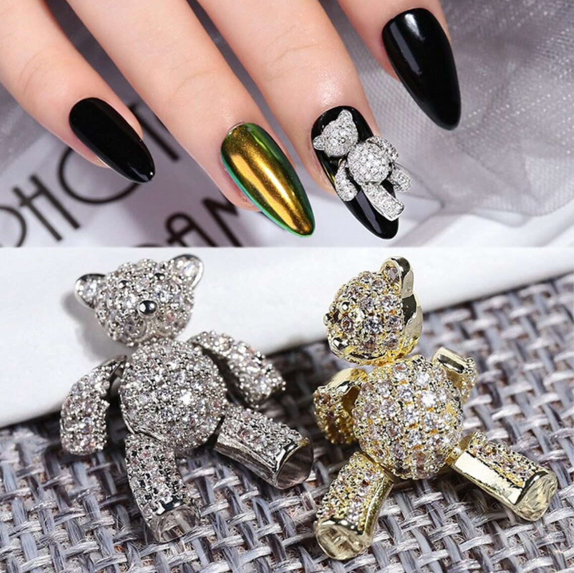 TEDDYBEAR NAIL CHARMS 3D Luxury Gold Silver Bear Nail Charm Etsy