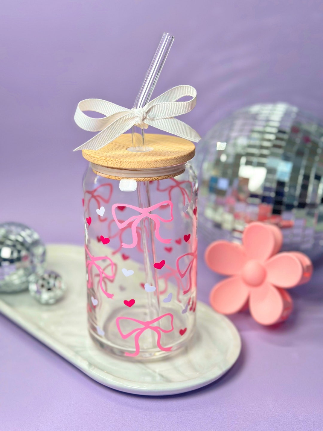 Pink Bows & Hearts 16oz Iced Coffee Can Glass Cup Soft Girly Aesthetic ...