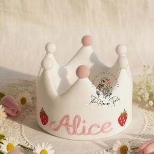 Name Hand Embroidered Birthday Baby Crown Strawberry Embroidery Party Crown Custom Name Linen Crown Personalized Keepsake for First Birthday