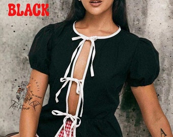 Bow Lace Up Hallow Out Women Shirts O-neck Puff Short Sleeve Blouses 2024 Spring Summer Casual Shirt Office Lady Top