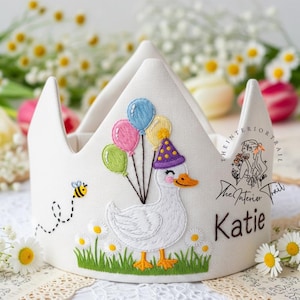 Embroidered Birthday Crown Duck and Balloon Embroidery Party Crown Custom Name Linen Crown Personalized Keepsake for First Birthday