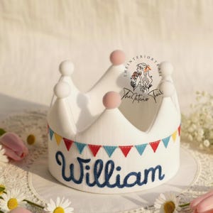 Personalized Hand Embroidered Baby Crown Colorful Bunting Embroidery Party Crown Custom Name Linen Crown Keepsake for First Birthday
