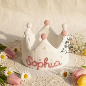 Personalized Hand Embroidered Birthday Baby Crown Flower Embroidery Party Crown Custom Name Linen Crown Keepsake Gifts for First Birthday