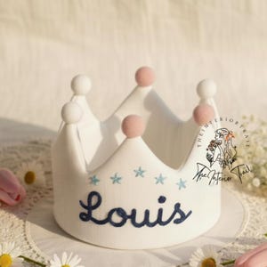 Name Hand Embroidered Birthday Baby Crown Star Embroidery Party Crown Custom Name Linen Crown Personalized Keepsake Gifts for First Birthday