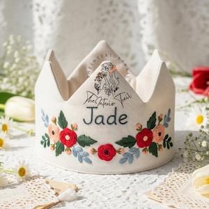 Embroidered Birthday Crown Rose Flower Embroidery Party Crown Custom Name Linen Crown Personalized Keepsake for First Birthday