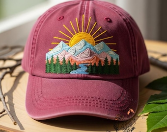Custom Mountains and Sunrise Hand Embroidered Baseball Cap Personalized Embroidered Hat Wash Cotton Hat Gift for Nature Lovers