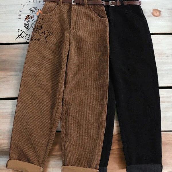 Noir café couleur femmes printemps pantalon en velours côtelé taille haute automne décontracté jambe large pantalon élégant ceinture ample coton Streetwear pour fille