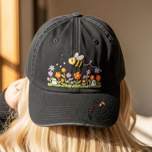 Custom Bee and Wildflower Hand Embroidered Baseball Cap Personalized Name Flower Embroidery Wash Cotton Hat Gift for Floral Lovers