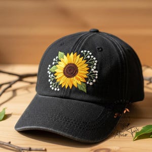 Custom Sunflower Hand Embroidered Baseball Cap Personalized Name EmbroideryHat Wash Cotton Hat Gift for Flower Lovers