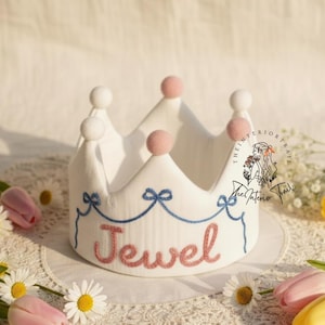 Personalized Hand Embroidered Birthday Baby Crown Embroidery Party Crown Custom Name Linen Crown Personalized Keepsake for First Birthday
