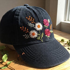 Custom Daisy and Rose Flower Hand Embroidered Baseball Cap Personalized Name Embroidery Hat Wash Cotton Hat Gift for Flower Lovers