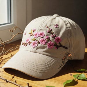 Custom Peach Blossom Branches Hand Embroidered Baseball Cap Personalized Name Embroidery Hat Wash Cotton Hat Gift for Flower Lovers